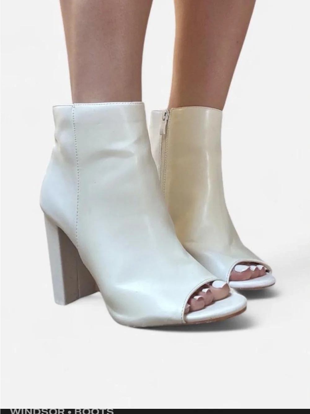 Windsor White Peep-Toe Block Heel Ankle Booties